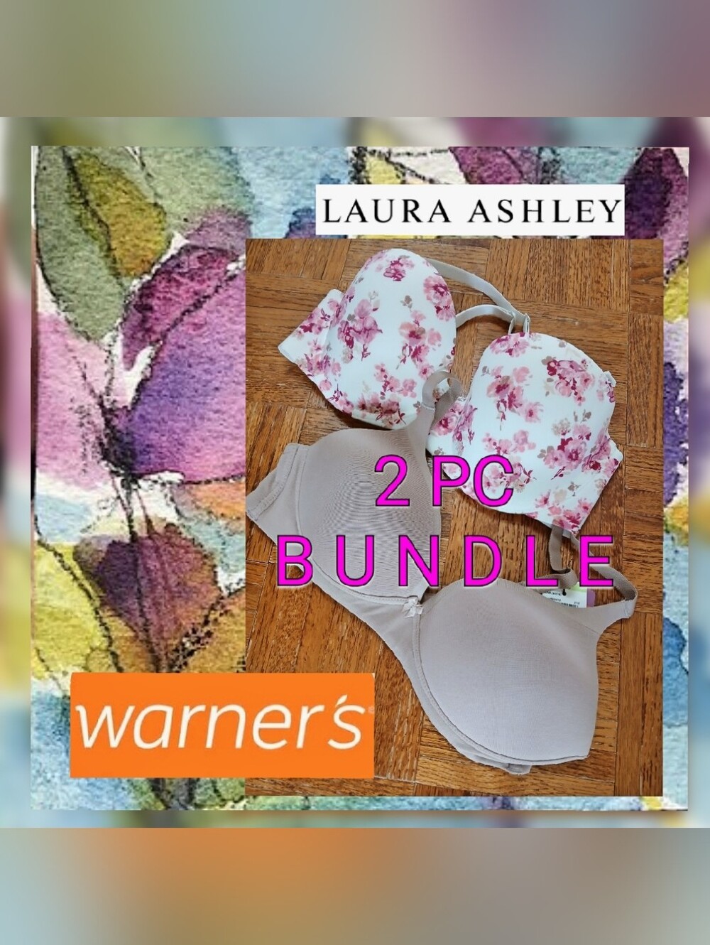 Warner's Invisible Bliss Soft Cup Laura Ashley Convertible Underwire Bra Bundle
